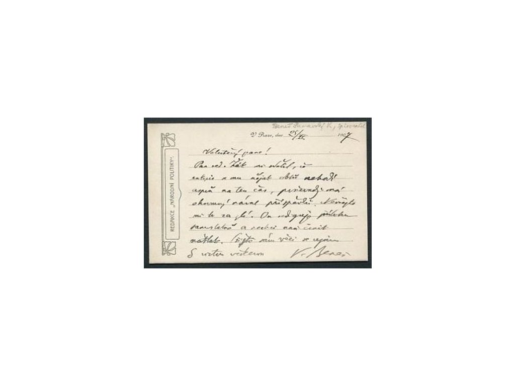 BENEŠ-ŠUMAVSKÝ, Václav. Spisovatel. Lístek z 25. 2.1907.