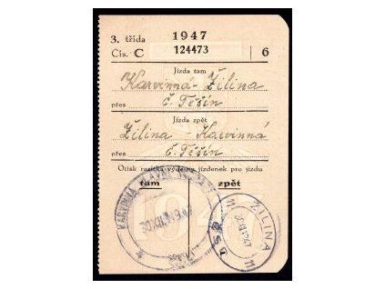 Drážní jízdenka ČSD. Karviná - Žilina, přes Č. Těšín. 30.XII.1947.
