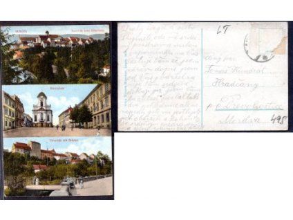 ÚŠTĚK. AUSCHA. Ausblick vom Ritterhein. Marktplatz. Talstrasse mit Brücke.