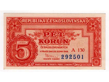 ČESKOSLOVENSKO. 5 korun 1949. Série A 130. Nov. 76c.