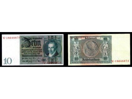 NĚMECKO. 10 Reichsmark. Ro. 173a. 22. 1.1929. Podtisk F. Série V.