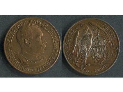 PREUSSEN. 3 Mark 1913. Zkušební ražba (Karl Goetz). Zbytky postříbření.