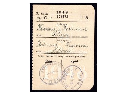 Drážní jízdenka ČSD. Karviná - Kežmarok, přes Žilina. 1.VII.1948.