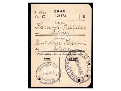 Drážní jízdenka ČSD. Karviná - Bratislava, přes Žilina. 28.IV.1948.