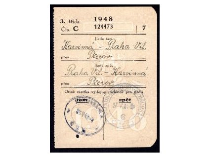 Drážní jízdenka ČSD. Karviná - Praha Vil., přes Přerov. 25.V.1948.