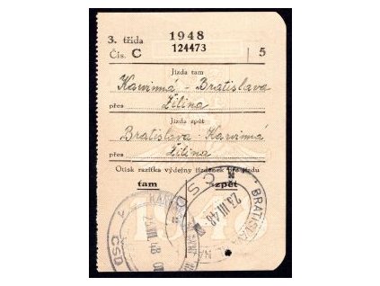 Drážní jízdenka ČSD. Karviná - Bratislava, přes Žilina. 23.III.1948.
