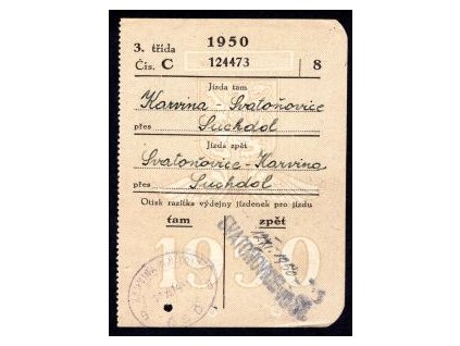 Drážní jízdenka ČSD. Karviná - Svatoňovice, přes Suchdol. 12.XI.1950.