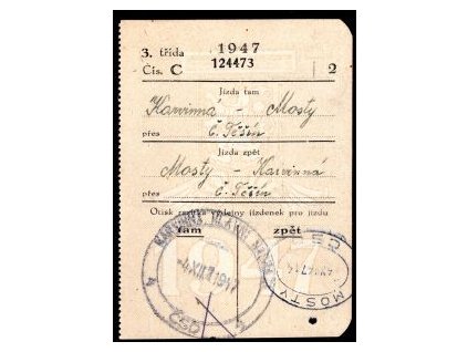 Drážní jízdenka ČSD. Karviná - Mosty, přes Č. Těšín. 4.XII.1947.