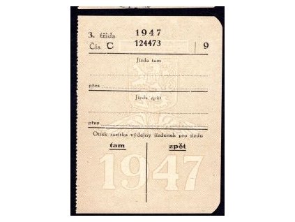 Drážní jízdenka ČSD. Nepoužitá. 1947.