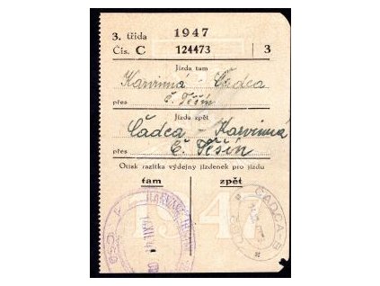 Drážní jízdenka ČSD. Karviná - Čadca, přes Č. Těšín. 14.XII.1947.