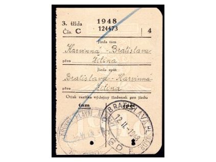 Drážní jízdenka ČSD. Karviná - Bratislava, přes Žilina. 12.II.1948.