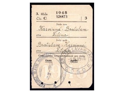 Drážní jízdenka ČSD. Karviná - Bratislava, přes Žilina. 3.II.1948.