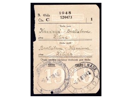 Drážní jízdenka ČSD. Karviná - Bratislava, přes Žilina. 6.I.1948.