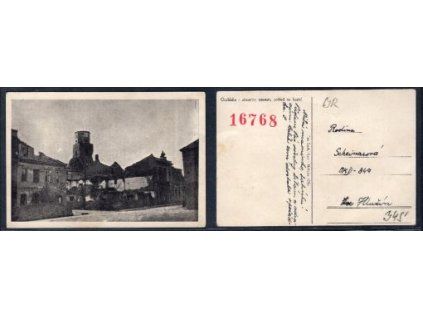 OSOBLAHA. ZŘÍCENINY NÁMĚSTÍ, POHLED NA KOSTEL