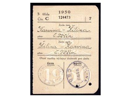 Drážní jízdenka ČSD. Karviná - Žilina, přes Č. Těšín. 10.XI.1950.