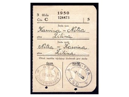 Drážní jízdenka ČSD. Karviná - Nitra, přes Žilina. 2.XI.1950.