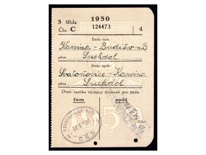 Drážní jízdenka ČSD. Karviná - Budišov n. B., přes Suchdol. 26.X.1950.