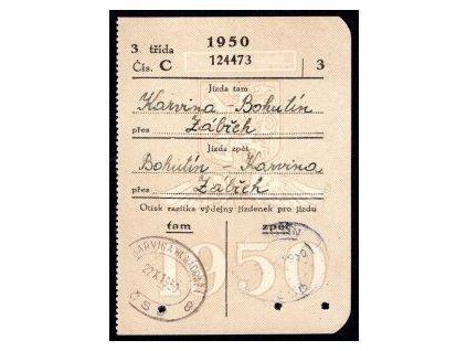 Drážní jízdenka ČSD. Karviná - Bohutín, přes Zábřeh. 22.X.1950.