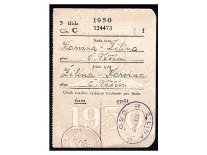 Drážní jízdenka ČSD. Karviná - Žilina, přes Č. Těšín. 13.X.1950.