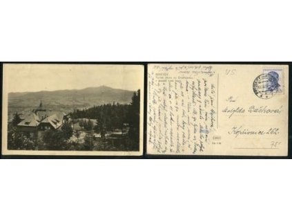 ONDŘEJNÍK. Turistická chata, v pozadí Lysá hora. Beskydy. 1959.