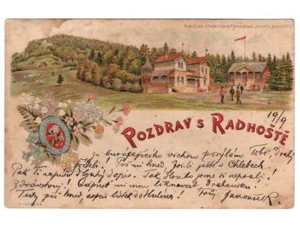 RADHOŠŤ. Pozdrav s Radhoště. Turistické útulny Pohorské jednoty Radhošť. 1897. Litografie.