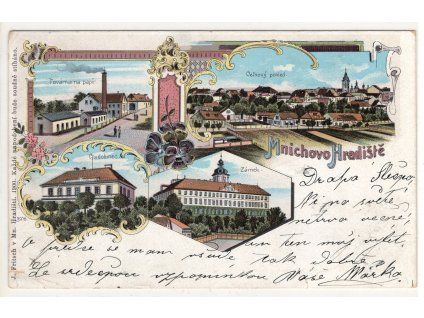 MNICHOVO HRADIŠTĚ. Továrna na papír. Chudobinec. Zámek. 1901. Litografie.