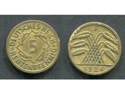 NĚMECKO. 5 Rentenpfennig 1924/F.