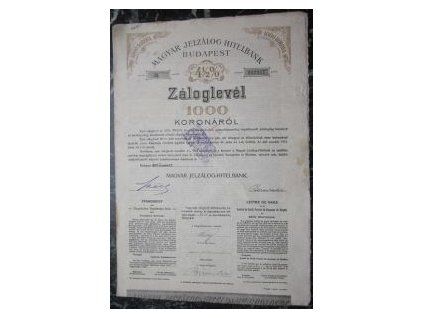 MAĎARSKO. Záloglevél 1000 koronáról. 1911. Čsl. razítkový kolek. č. III/012347.