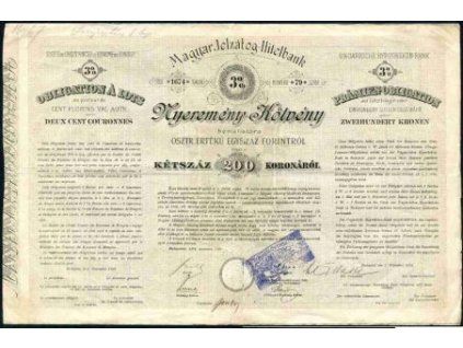 Maďarsko. Magyar Jelzálog-Hitelbank. Obligace 200 Korun. 1894. Čsl. kolek.