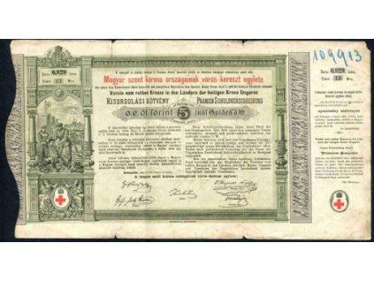 MAĎARSKO. Prémiový dluhopis maďarského Červeného kříže. 5 Gulden, 1882.