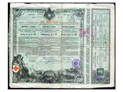 ITÁLIE. Prémiový dluhopis italského Červeného kříže na 25 lir. 1885. Čsl. kolek.