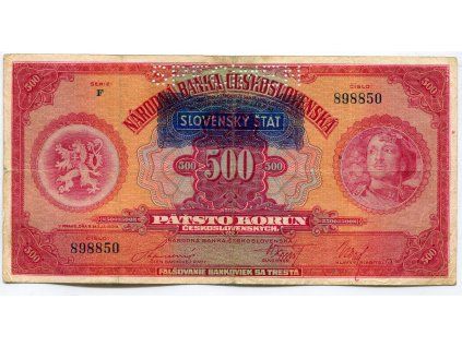 SLOVENSKO. 500 korun 1929. Přetisk Slovenský štát. Série F. Hej. 44.