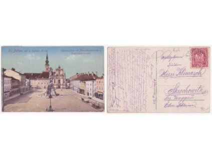Sankt Pölten. Rathausplatz mit Franziskanerkirche und Dreifaltigkeitssäule. 1918