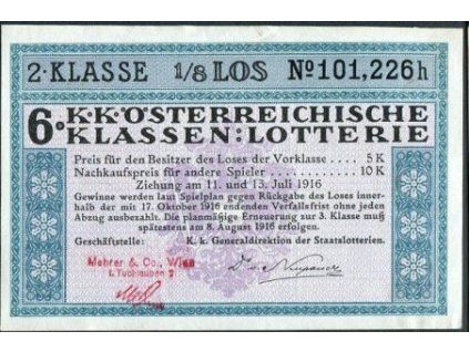 6. K. k. Österreichische Klassen-Lotterie. 1916. 2. Klasse. 1/8. Série h.