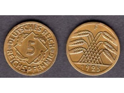 NĚMECKO. 5 Reichspfennig 1925/F. Menší 5 v letopočtu.