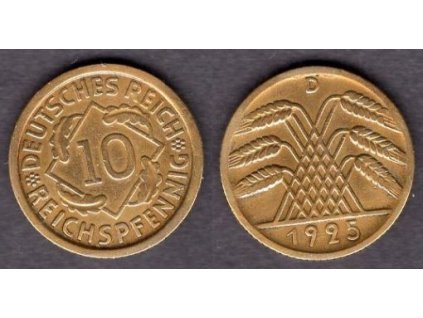 NĚMECKO. 10 Reichspfennig 1925/D.