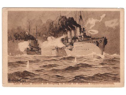 Kleine Kreuzer Stralsund und Straßburg im Kampf nur englischen Torpedobootzerstörern.