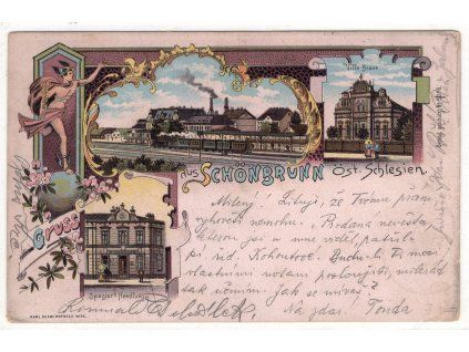 SVINOV / Schönbrunn. Bahnhof. Villa Braun. Spaziers Handlung. 1902. Litografie.