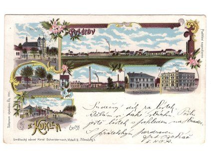 KUKLENY. Továrna na kůže. Pošta a telegraf. Hotel. Náměstí. 1898. Litografie.