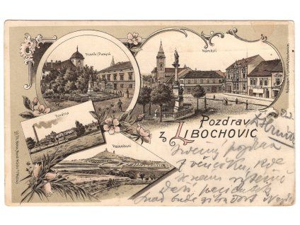 LIBOCHOVICE. Továrna. Náměstí. Hazemburk. 1900. Litografie.