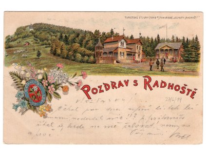 RADHOŠŤ. Pozdrav s Radhoště. Turistické útulny Pohorské jednoty Radhošť. 1899. Litografie.