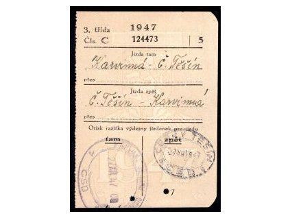 Drážní jízdenka ČSD. Karviná - Č. Těšín. 27.XII.1947.