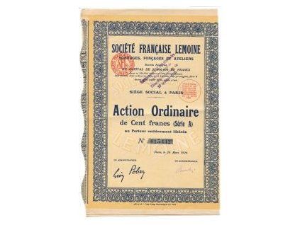 FRANCIE. Société Francaise Lemoine, Sondages, Foncages et Ateliers. Akcie na 100 franků 1926. č. 015.442