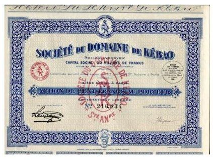 FRANCIE. Société du Domaine de Kébao. Akcie na 100 franků 1930. č. 216.834.