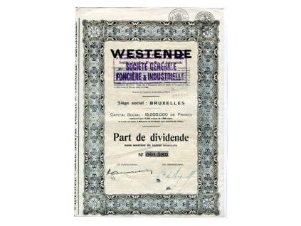 BELGIE. Westende Société Anonyme Fonciére et Industrielle. Akcie na 1000 franků 1941, č. 001580.