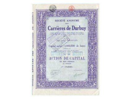 BELGIE. Société anonyme des Carriéres de Durbuy. Akcie na 200 franků 1924.