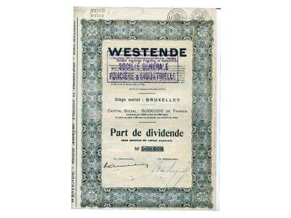 BELGIE. Westende Société Anonyme Fonciére et Industrielle. Akcie na 1000 franků 1941, č. 000609.