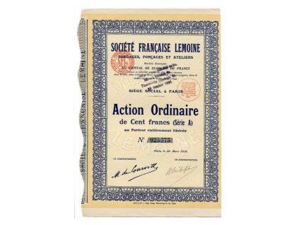 FRANCIE. Société Francaise Lemoine, Sondages, Foncages et Ateliers. Akcie na 100 franků 1926, č. 023.575.