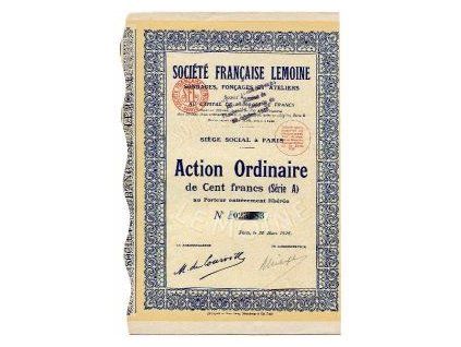 FRANCIE. Société Francaise Lemoine, Sondages, Foncages et Ateliers. Akcie na 100 franků 1926, č. 023.583.