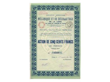 FRANCIE. Cociété Anonyme de Mécanique et de Décolletage de la Loire. 1931. Akcie na 500 franků 1931.